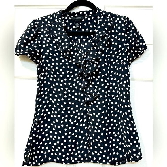 White House Black Market Tops - White House Black Market 100% Silk Black White Polka Dot Button Down Shirt Sz 4
